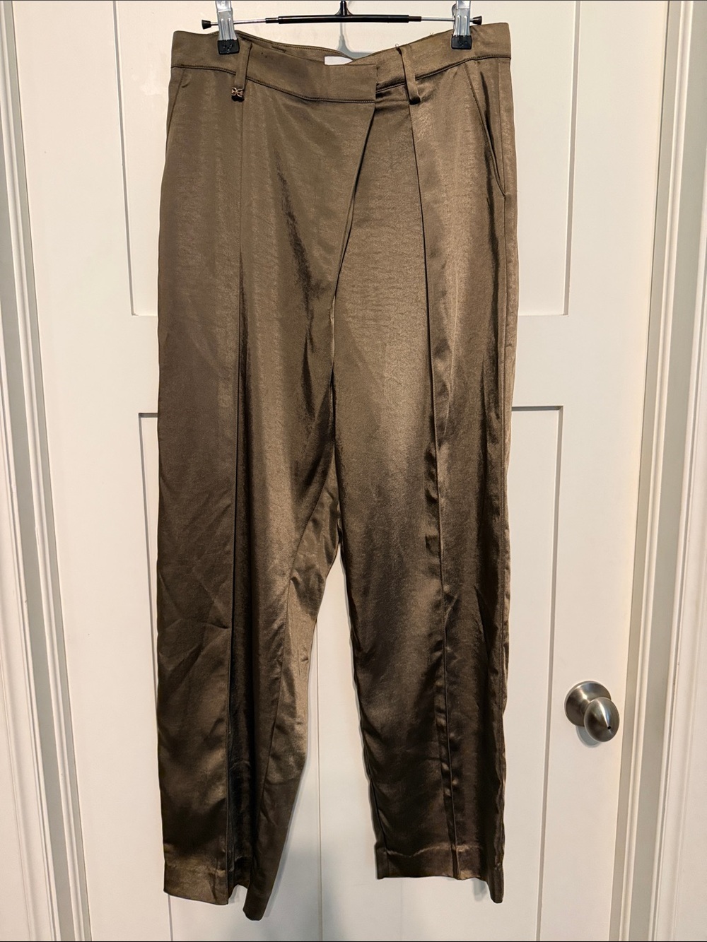 Sam Edelman Devyn Brown Satin Pleated Tapered Dress Pants with Crossover Waist